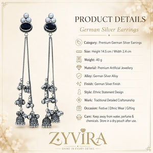Product details card for German silver black pearl-style jhumka earrings