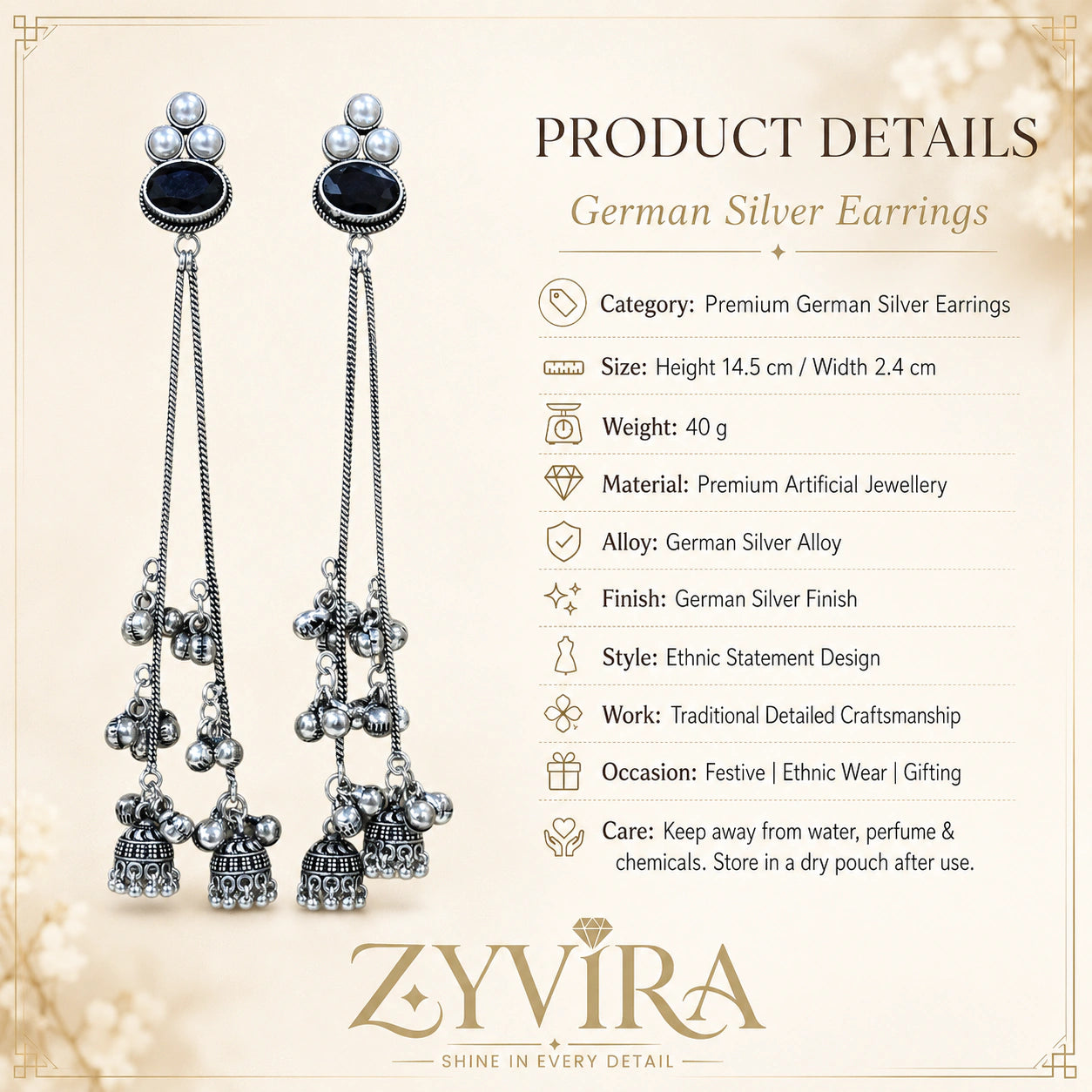 Product details card for German silver black pearl-style jhumka earrings