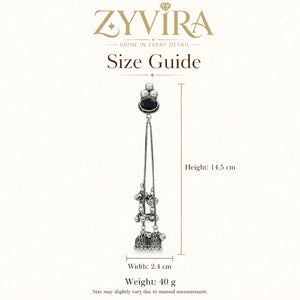 Size guide showing the proportions of black pearl-style jhumka earrings