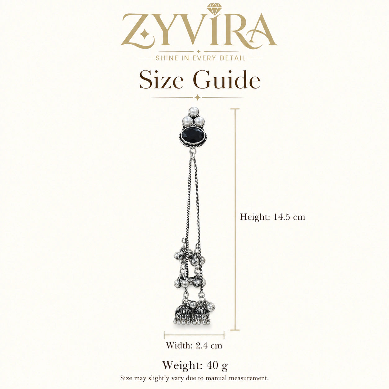 Size guide showing the proportions of black pearl-style jhumka earrings
