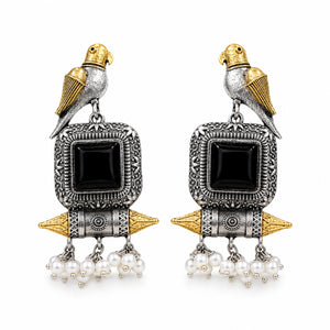German silver bird black-stone pearl-style dangle earrings