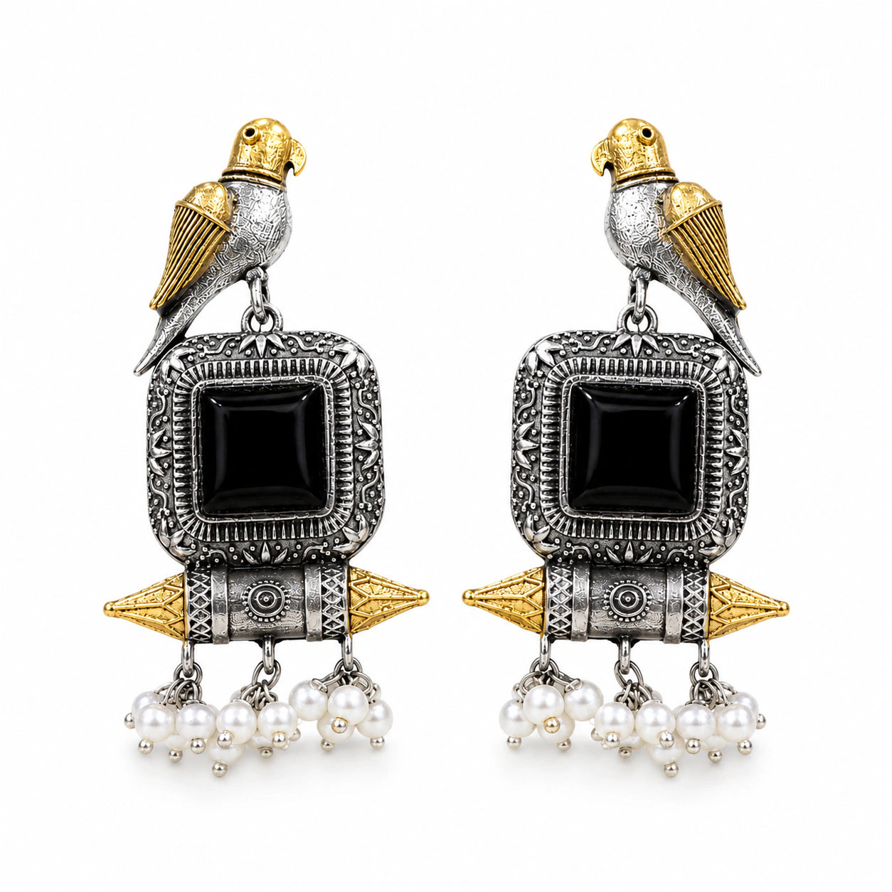 German silver bird black-stone pearl-style dangle earrings
