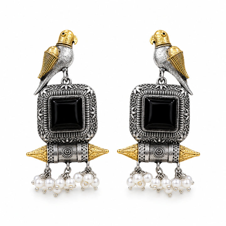 German silver bird black-stone pearl-style dangle earrings