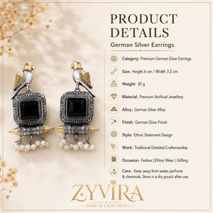 Product details card for German silver black-stone bird pearl-style earrings