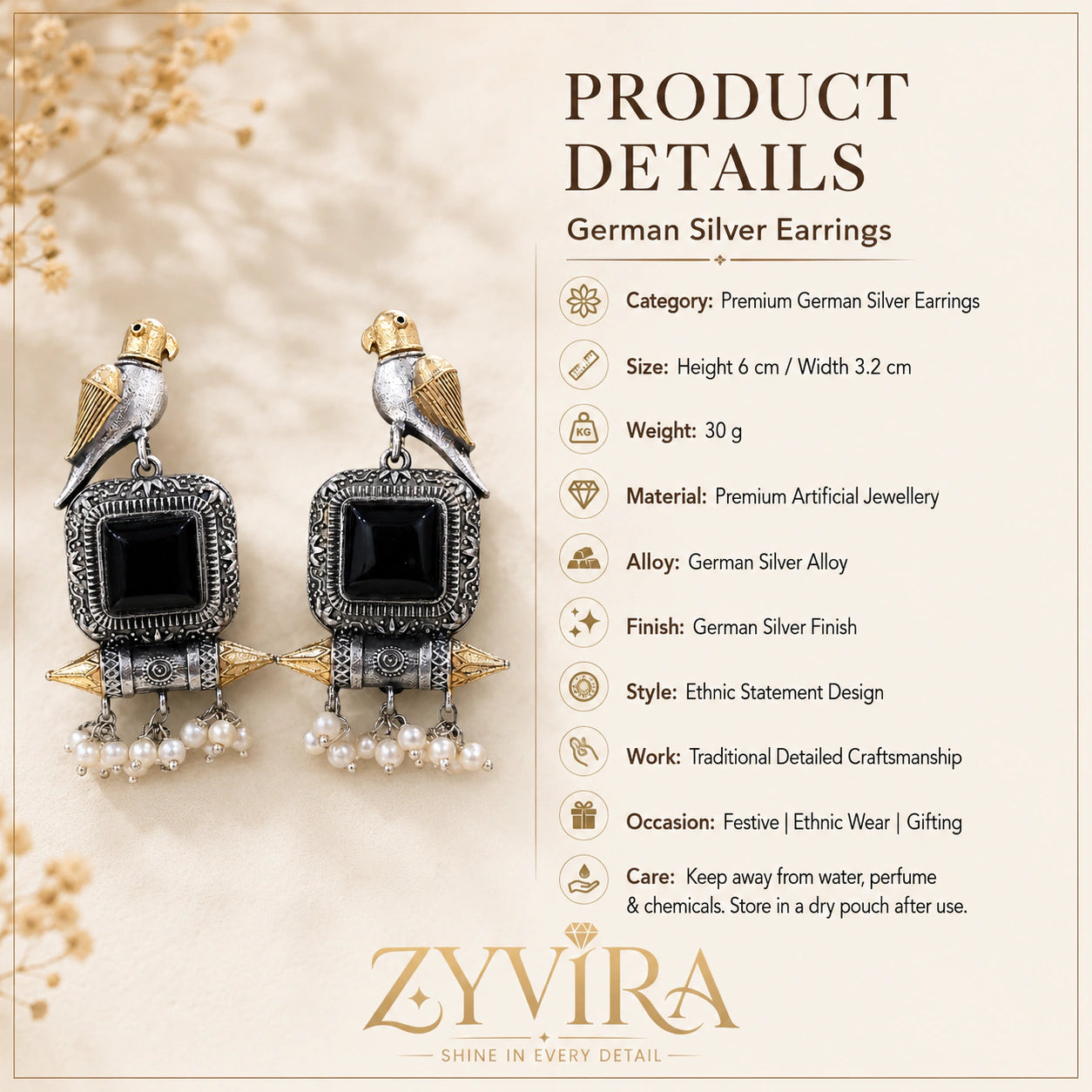 Product details card for German silver black-stone bird pearl-style earrings