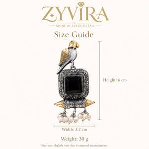 Size guide showing the proportions of black-stone bird pearl-style earrings