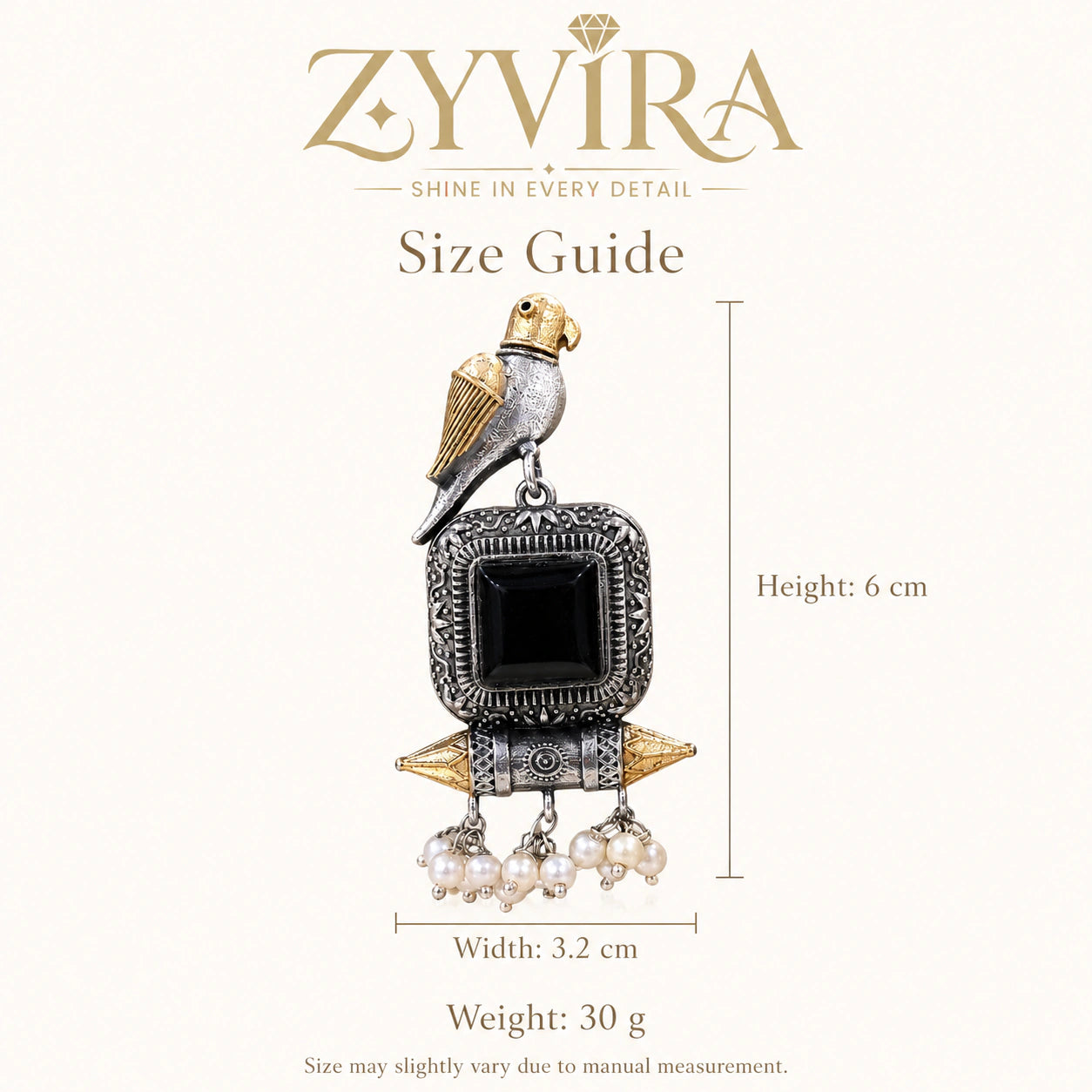 Size guide showing the proportions of black-stone bird pearl-style earrings