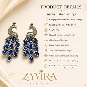 Product details card for German silver peacock chandelier earrings with blue stones
