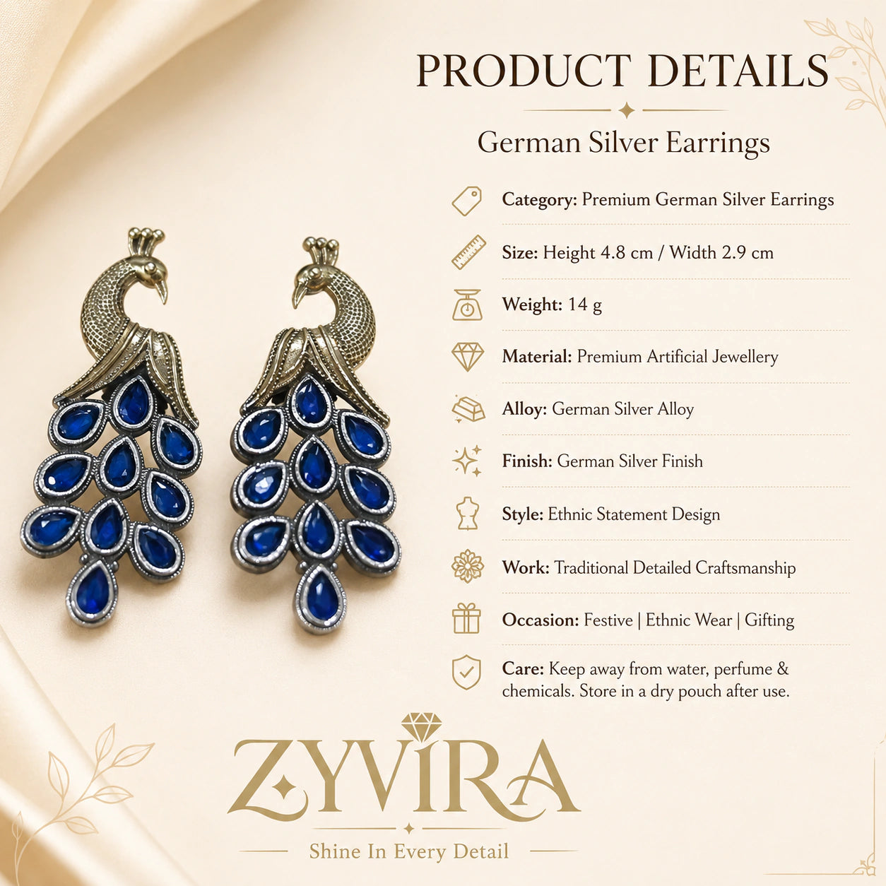 Product details card for German silver peacock chandelier earrings with blue stones