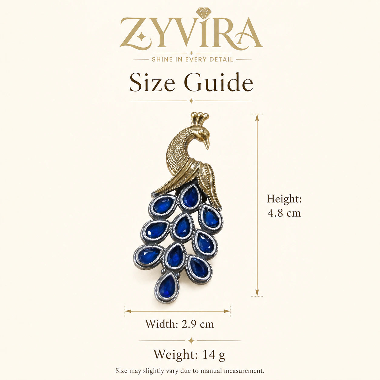 Size guide showing the proportions of blue-stone peacock chandelier earrings