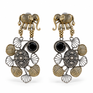 German silver elephant black-stone chandelier earrings