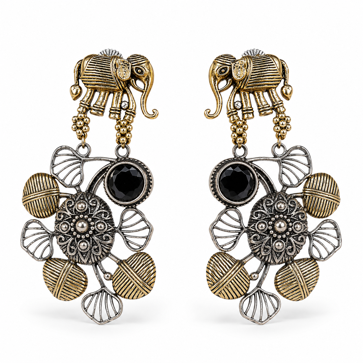 German silver elephant black-stone chandelier earrings