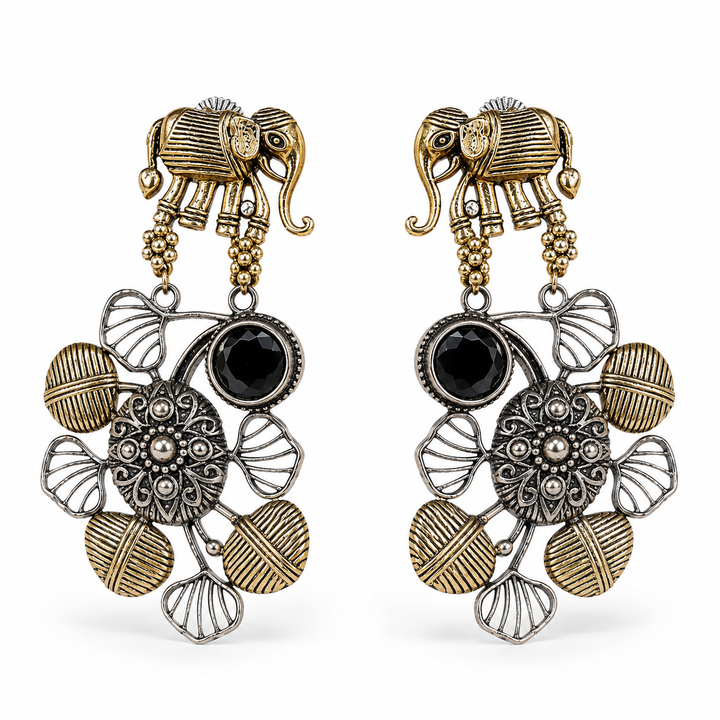German silver elephant black-stone chandelier earrings