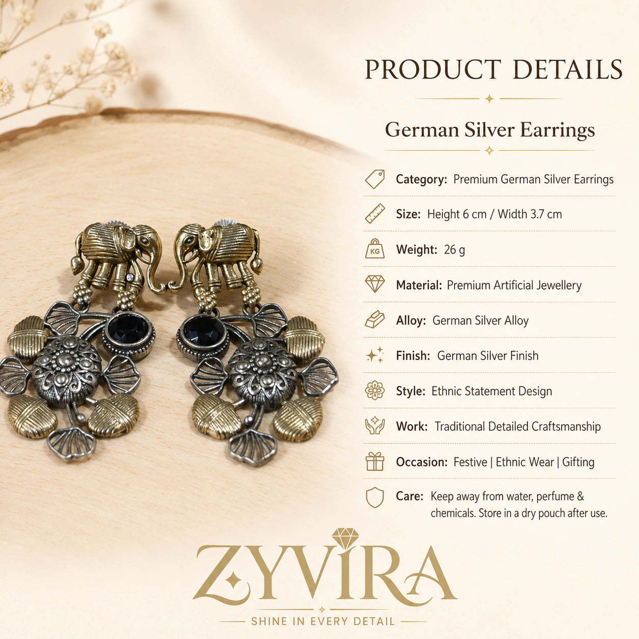 Product details card for German silver elephant black-stone chandelier earrings