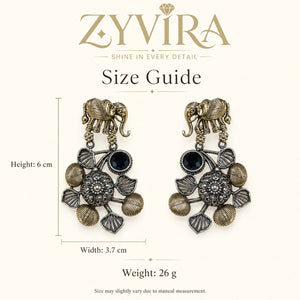 Size guide showing the proportions of elephant black-stone chandelier earrings