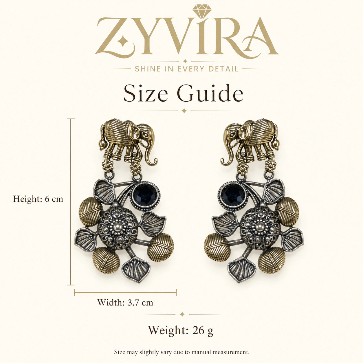 Size guide showing the proportions of elephant black-stone chandelier earrings