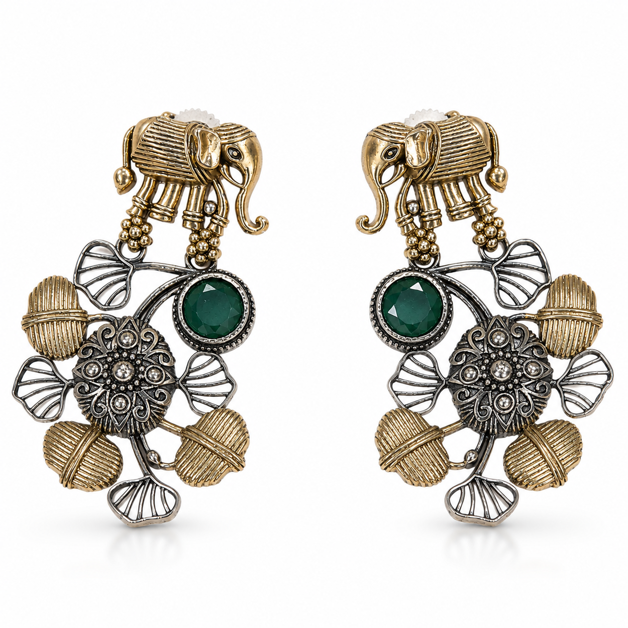 German silver elephant green-stone chandelier earrings