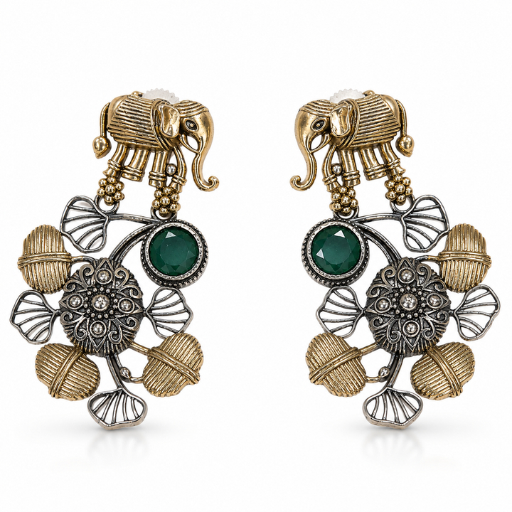 German silver elephant green-stone chandelier earrings