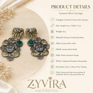 Product details card for German silver elephant green-stone chandelier earrings