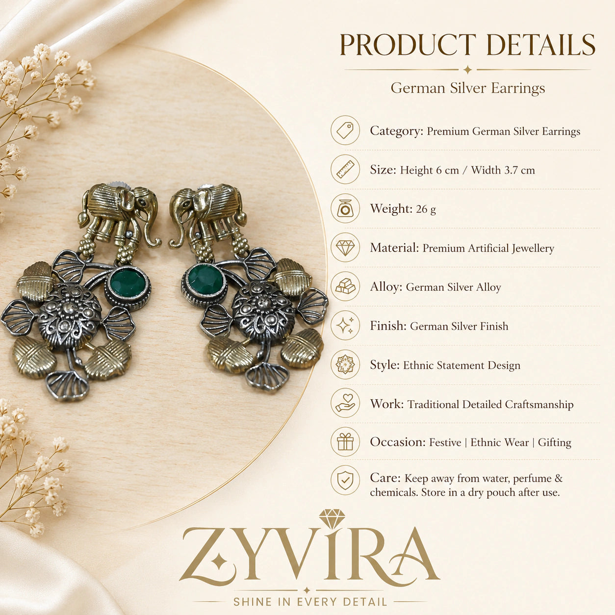 Product details card for German silver elephant green-stone chandelier earrings