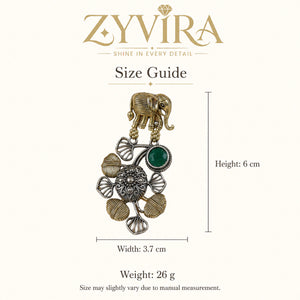 Size guide showing the proportions of elephant green-stone chandelier earrings