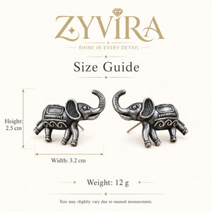 Product details card for German silver antique elephant stud earrings
