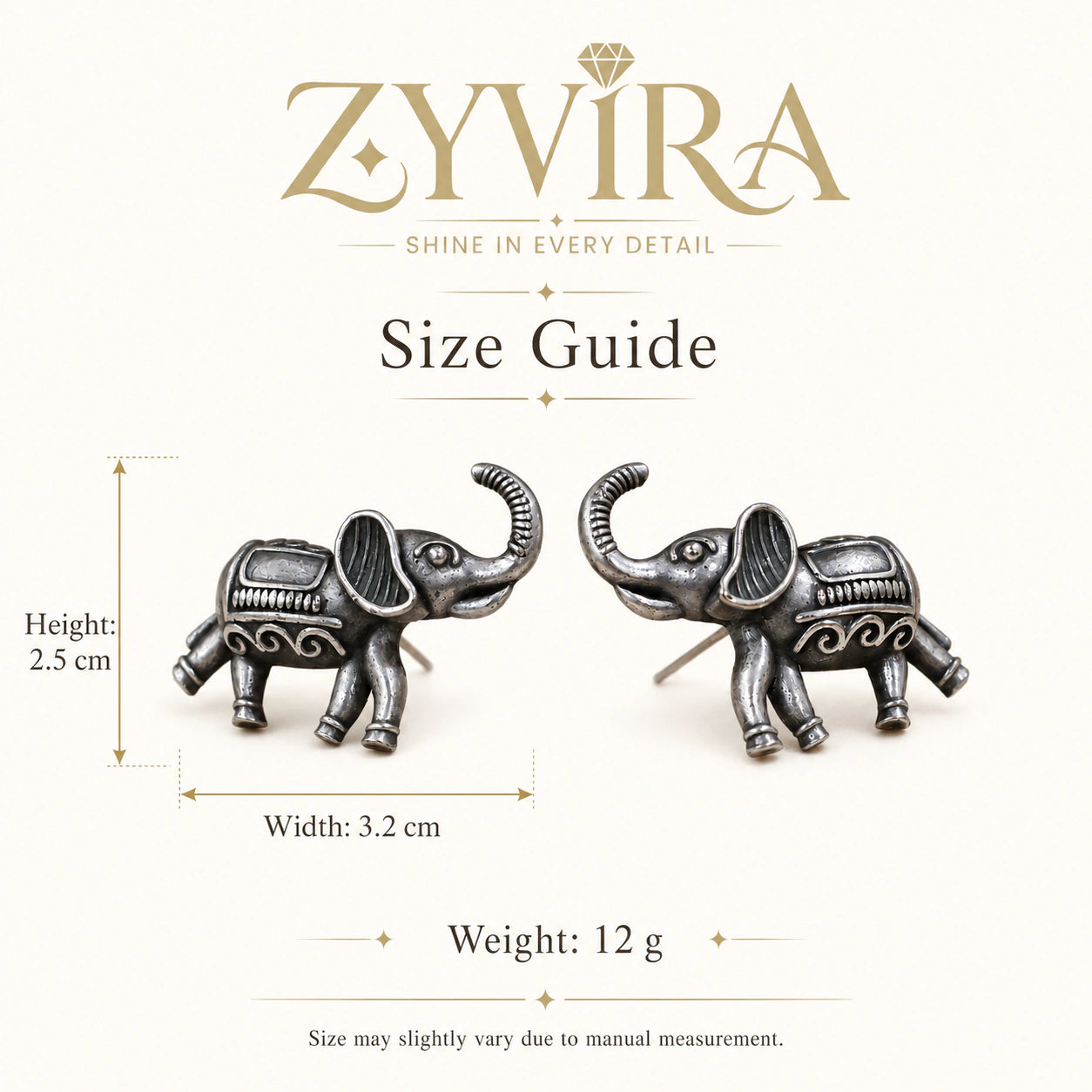 Product details card for German silver antique elephant stud earrings