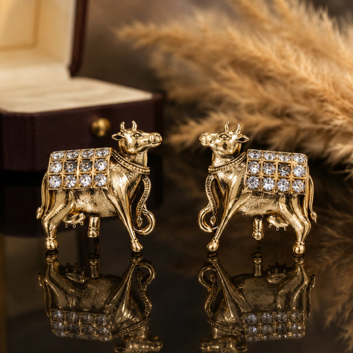 German silver gold cow-motif crystal drop earrings