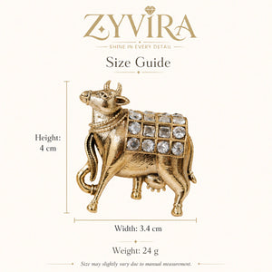 Size guide showing the proportions of gold cow-motif crystal drop earrings