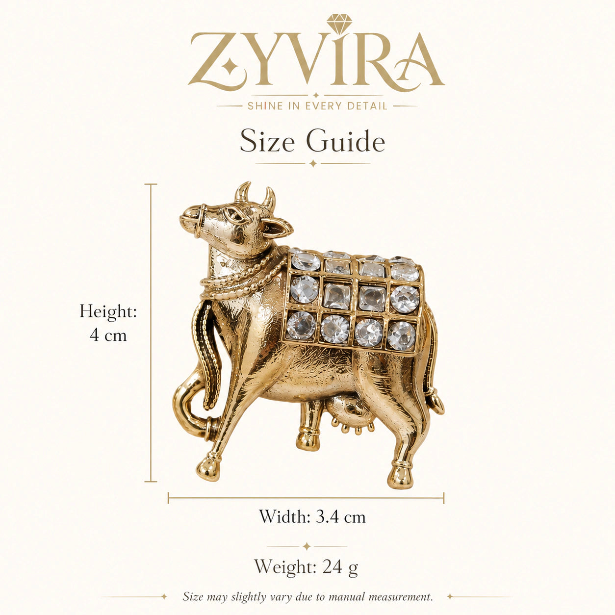 Size guide showing the proportions of gold cow-motif crystal drop earrings
