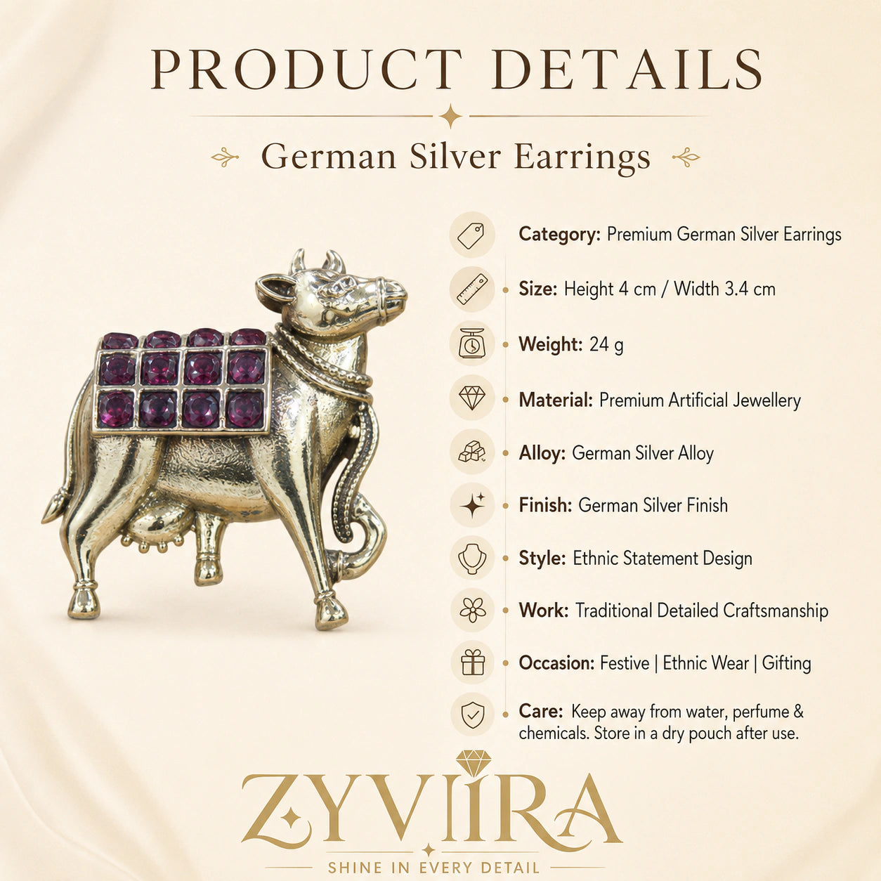 Product details card for German silver gold maroon cow-motif earrings
