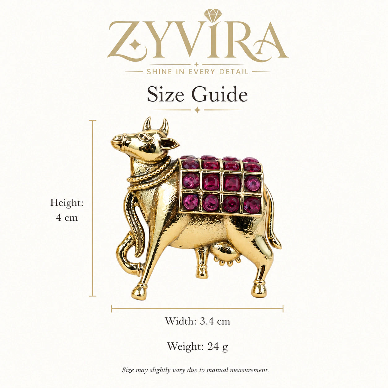 Size guide showing the proportions of gold maroon cow-motif earrings