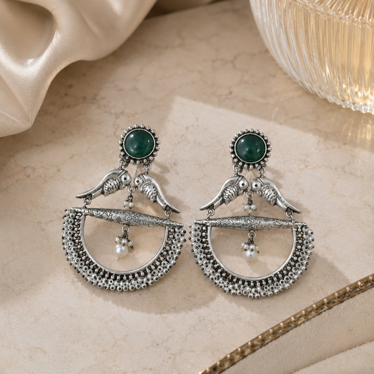Alternate product view of German silver green bird pearl chandelier earrings