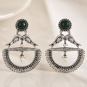 German silver green bird pearl chandelier earrings