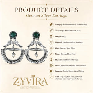 Product details card for German silver green bird pearl chandelier earrings