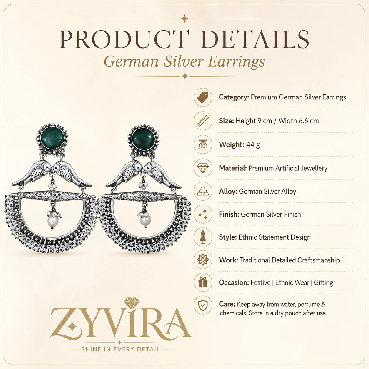 Product details card for German silver green bird pearl chandelier earrings
