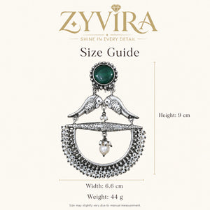 Size guide showing the proportions of green bird pearl chandelier earrings