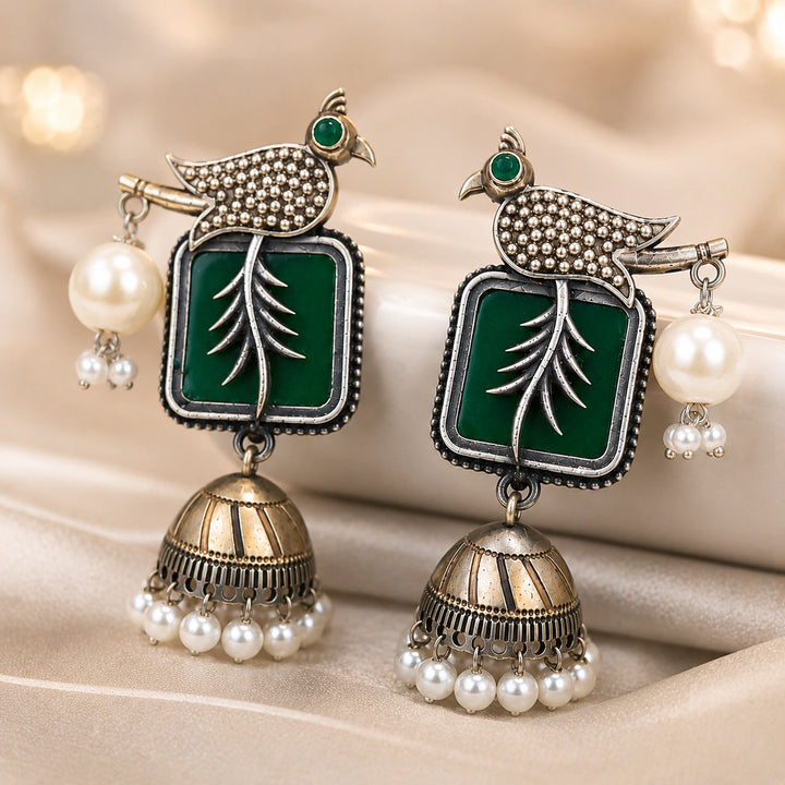 German silver green bird-motif pearl jhumka earrings