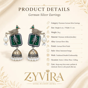 Product details card for German silver green bird-motif pearl jhumka earrings