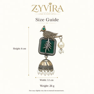 Size guide showing the proportions of green bird-motif pearl jhumka earrings