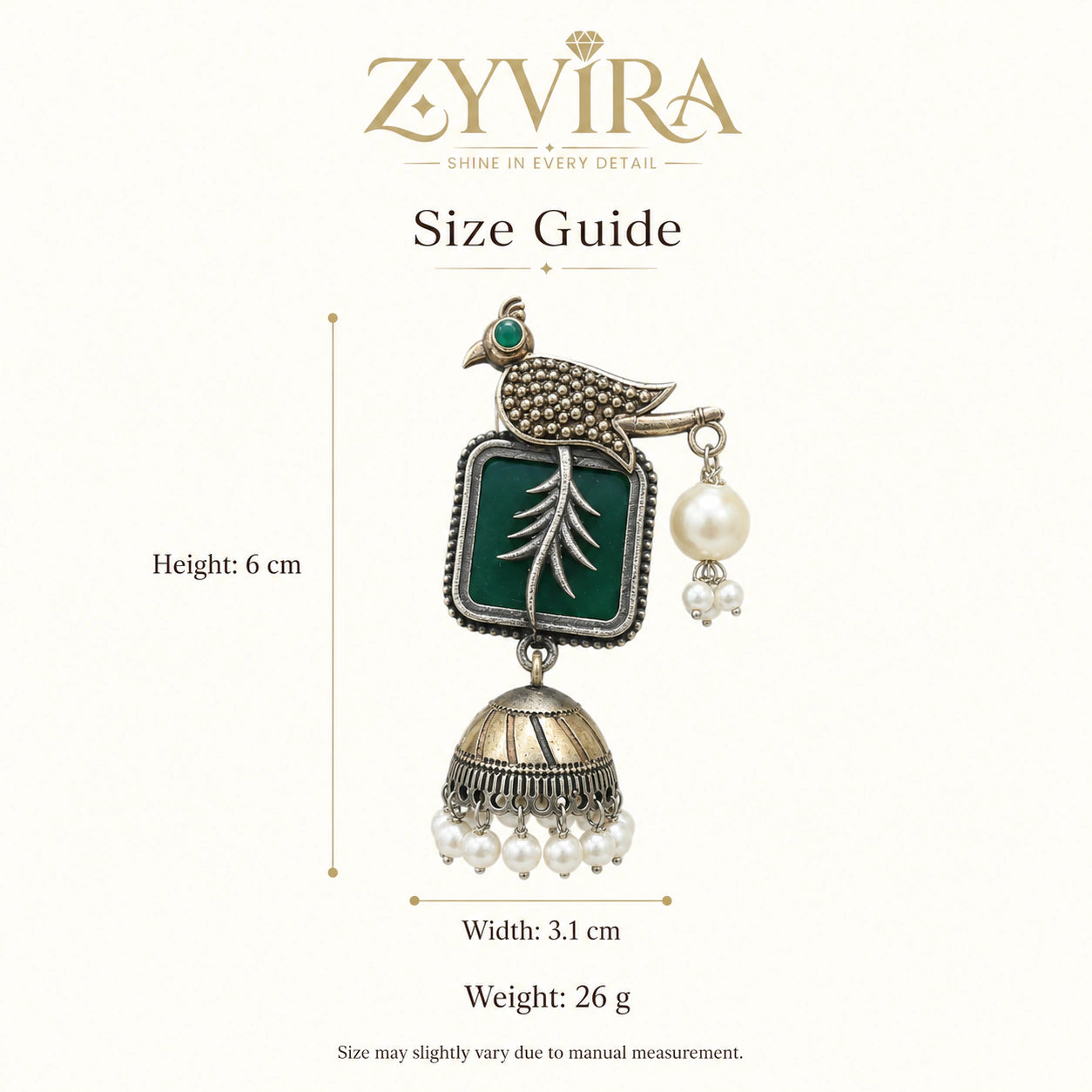 Size guide showing the proportions of green bird-motif pearl jhumka earrings