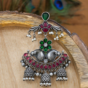 Alternate detail view of green maroon pearl chandelier earrings