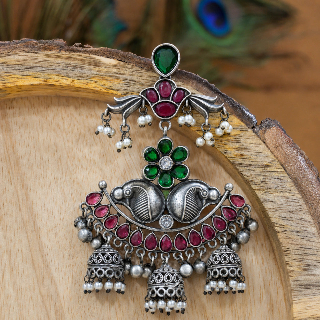 Alternate detail view of green maroon pearl chandelier earrings