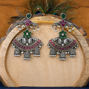 Alternate product view of German silver green maroon pearl chandelier earrings