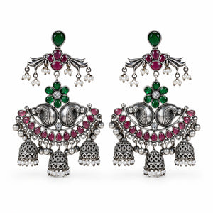 German silver green and maroon pearl-style chandelier earrings