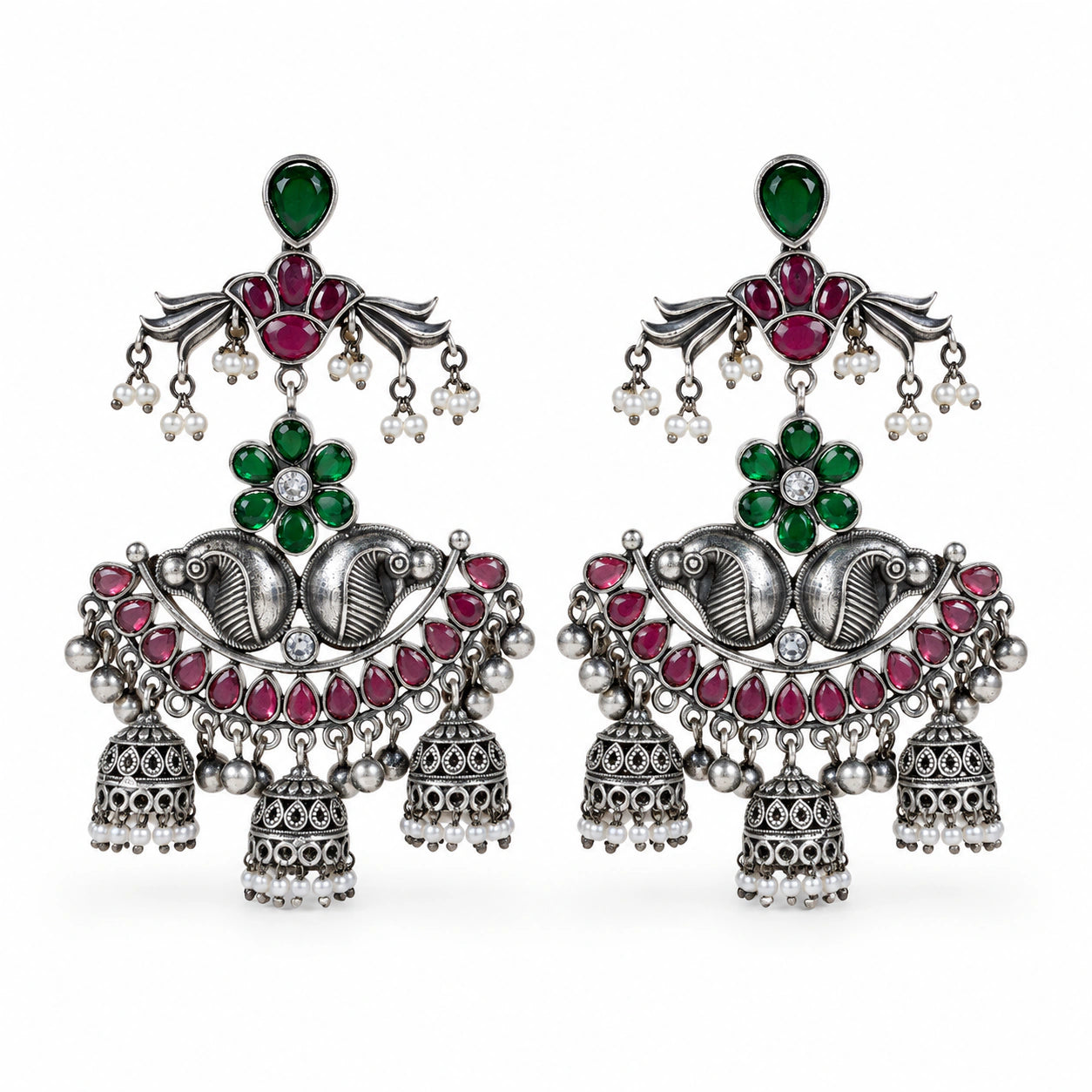 German silver green and maroon pearl-style chandelier earrings