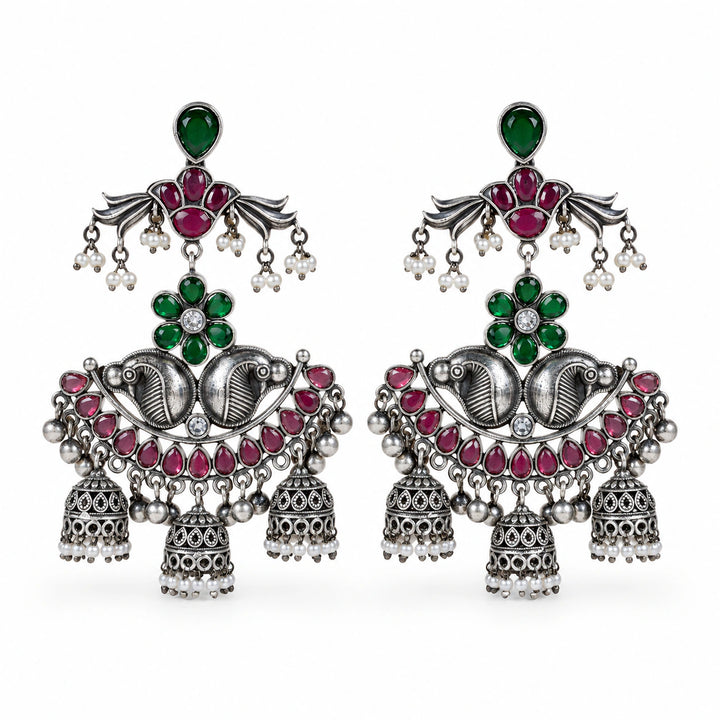 German silver green and maroon pearl-style chandelier earrings