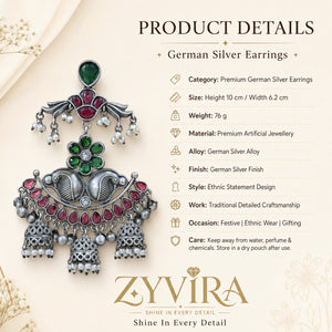 Product details card for German silver green maroon pearl chandelier earrings