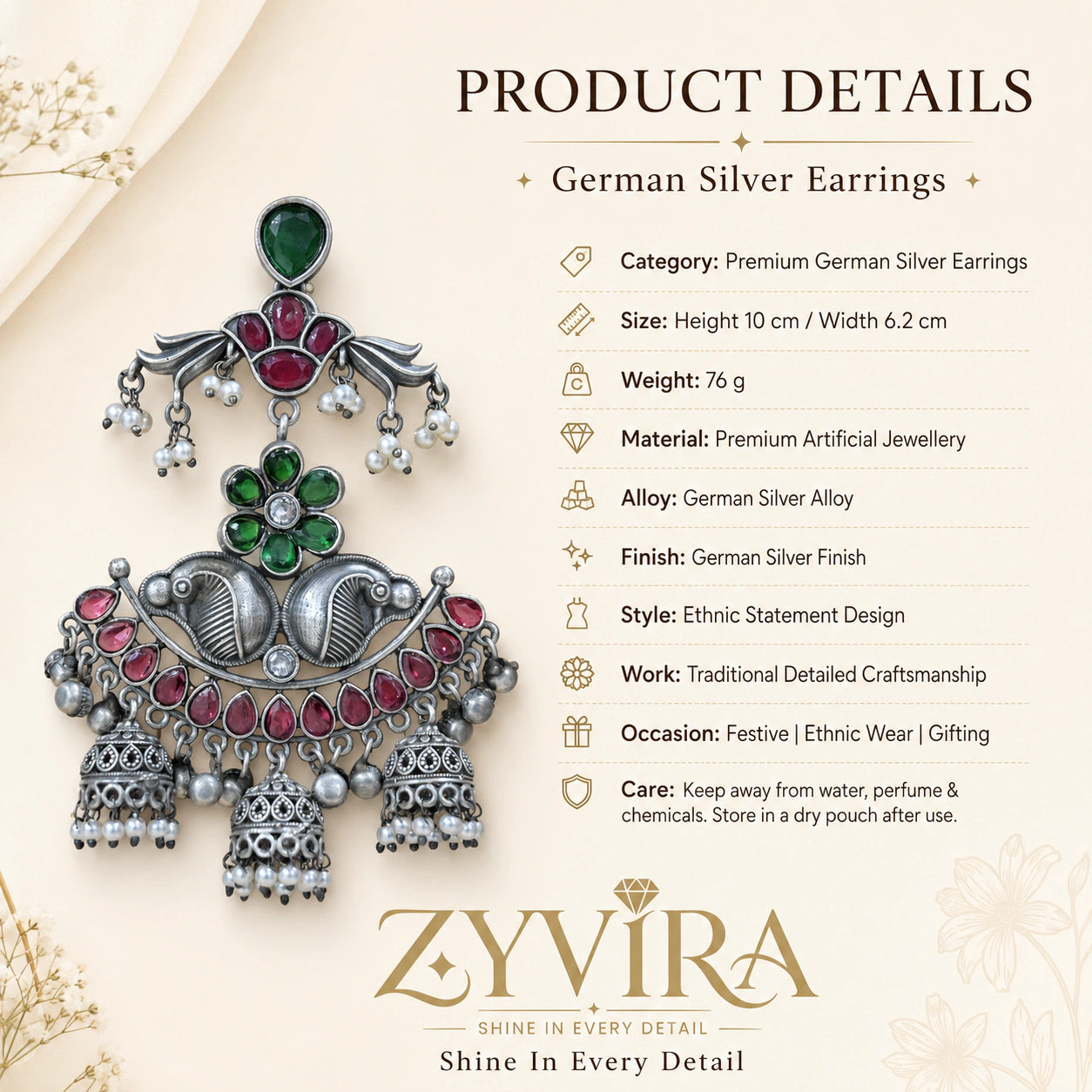 Product details card for German silver green maroon pearl chandelier earrings