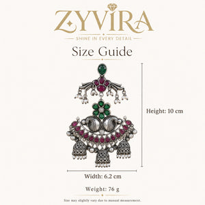 Size guide showing the proportions of green maroon pearl chandelier earrings
